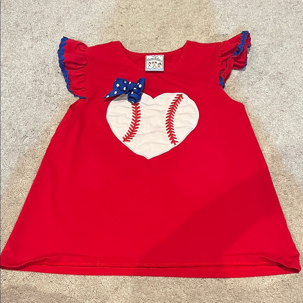 Red Baseball Heart Kids Tee with Blue Accents